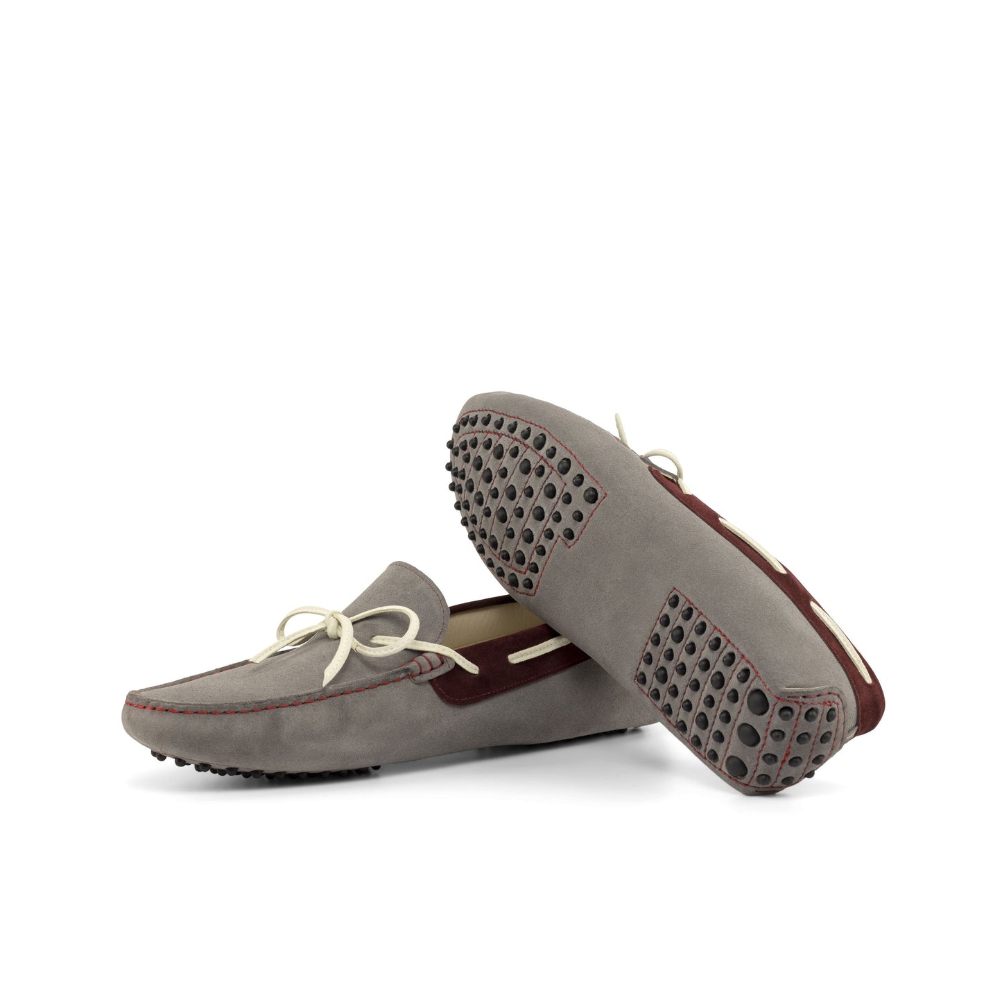 Driver Bow in Grey Calf Suede and Velvet Calf Suede, black rubber pebble sole