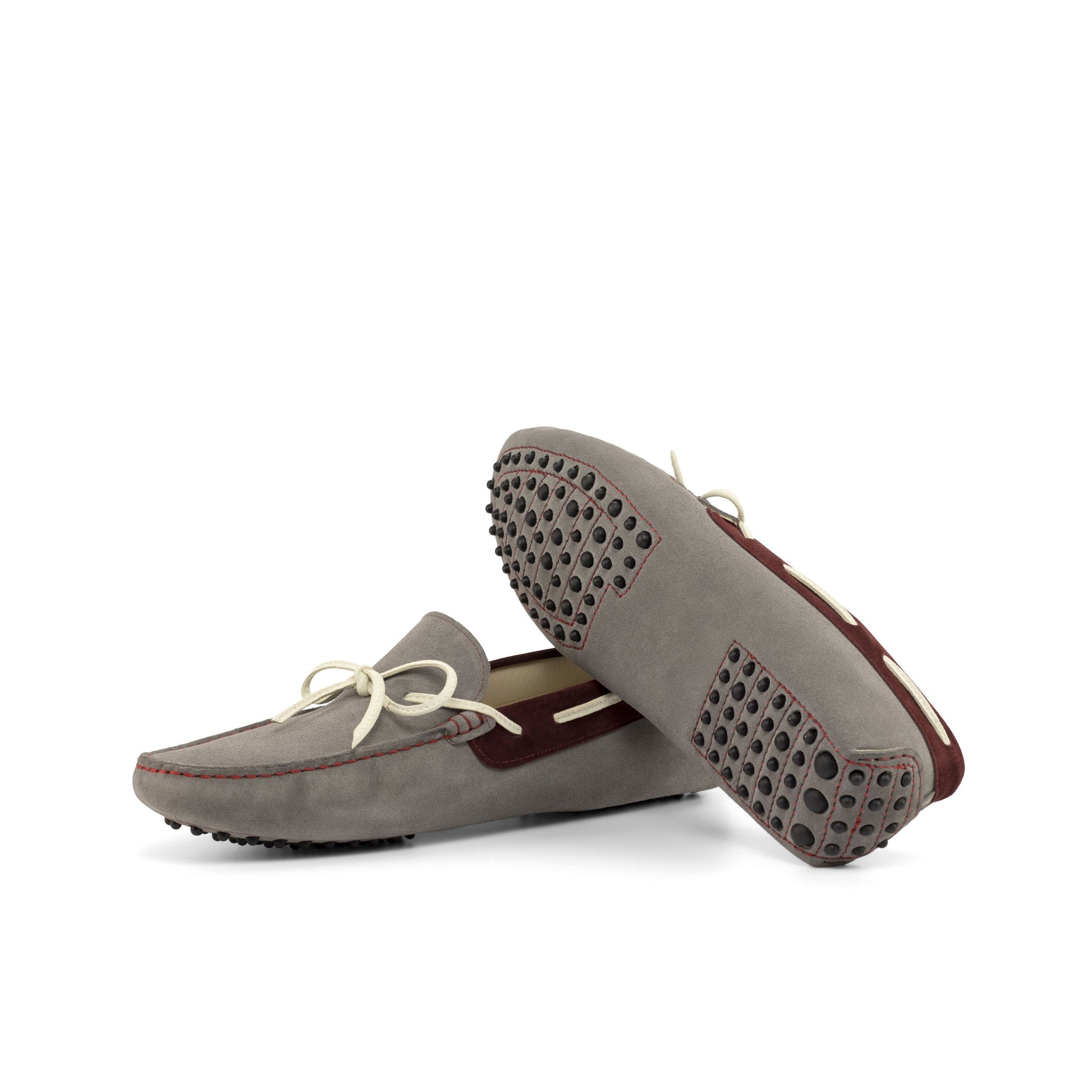 Driver Bow in Grey Calf Suede and Velvet Calf Suede, black rubber pebble sole