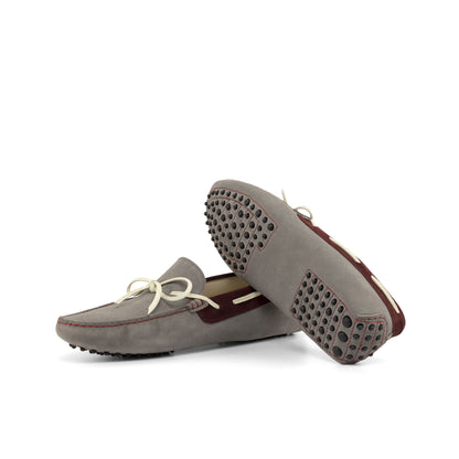 Driver Bow in Grey Calf Suede and Velvet Calf Suede, black rubber pebble sole