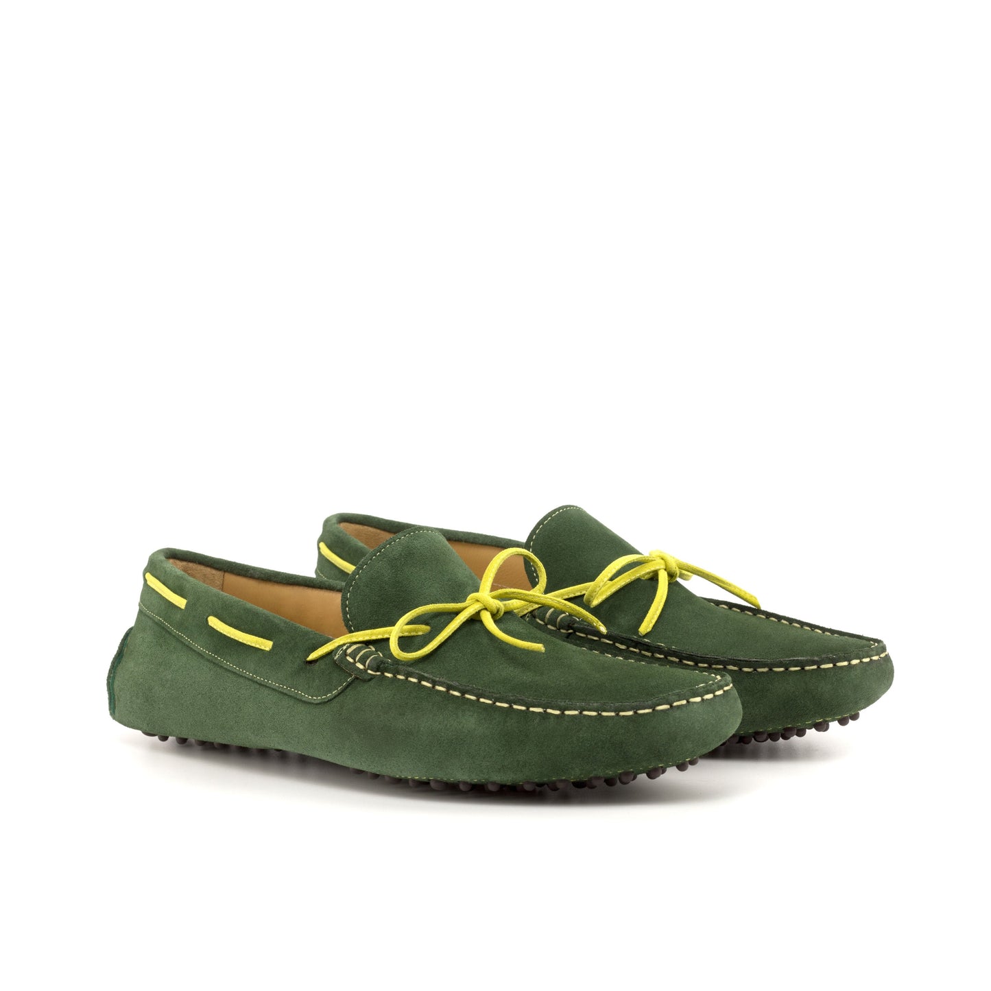 Driver Bow in Dark Green Calf Suede, front three-quarter view