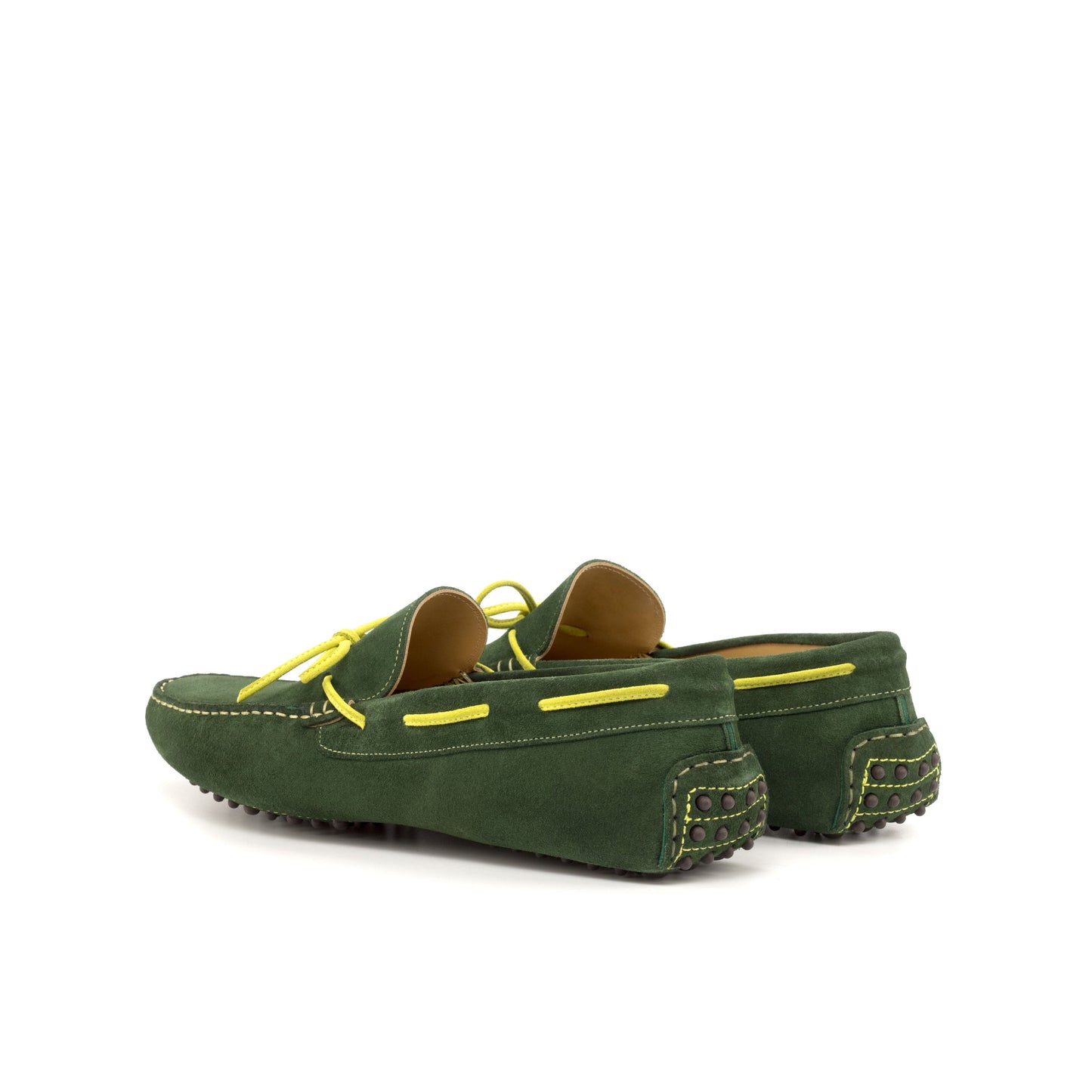 Driver Bow in Dark Green Calf Suede, rear three-quarter view