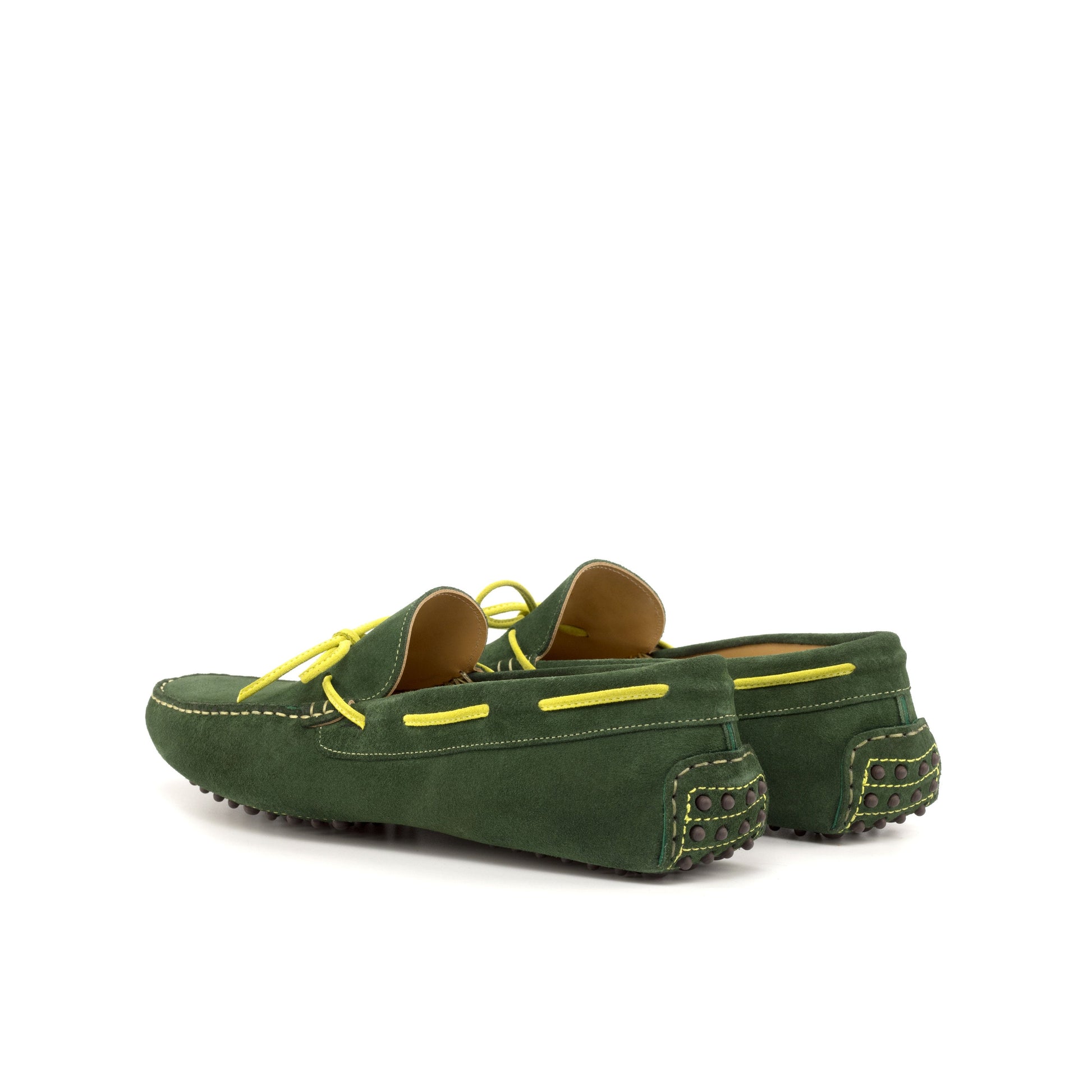 Driver Bow in Dark Green Calf Suede, rear three-quarter view