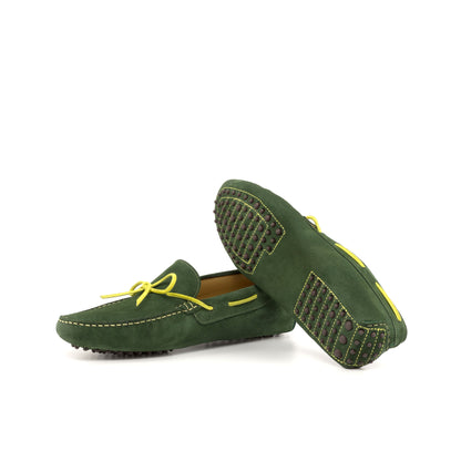 Driver Bow in Dark Green Calf Suede, brown rubber pebble sole
