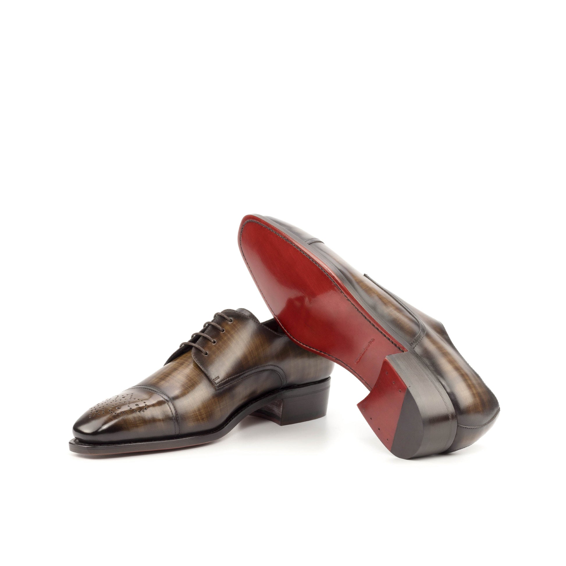 Derby in Brown Patina Box Calf showing red leather sole