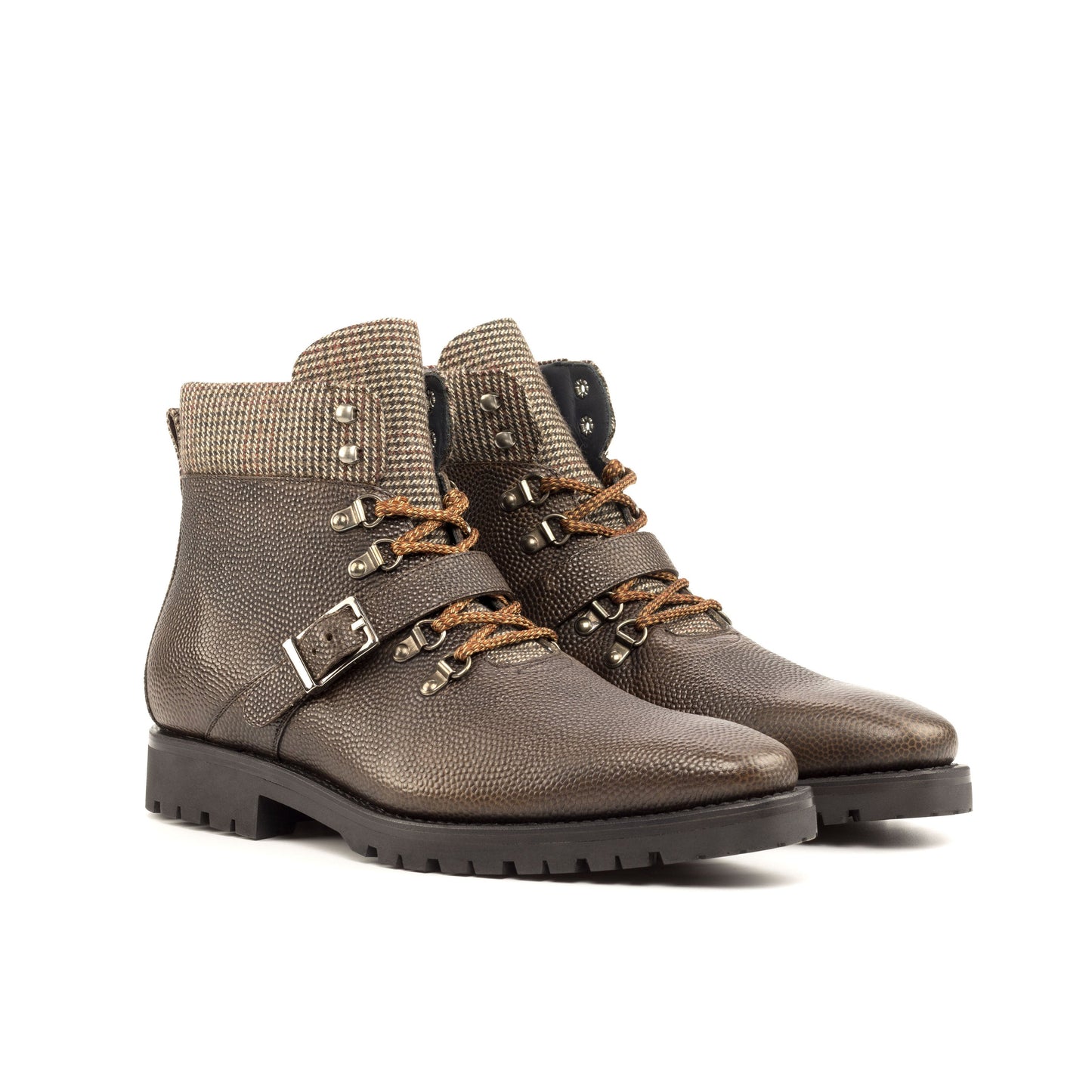 Hiking Boot in Dark Brown Painted Pebble-Grain Box Calf and Brown Small-Scale Wool Tweed, front three-quarter view