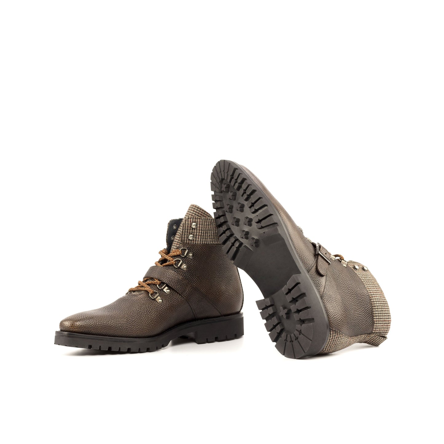 Hiking Boot in Dark Brown Painted Pebble-Grain Box Calf and Brown Small-Scale Wool Tweed showing black commando rubber sole