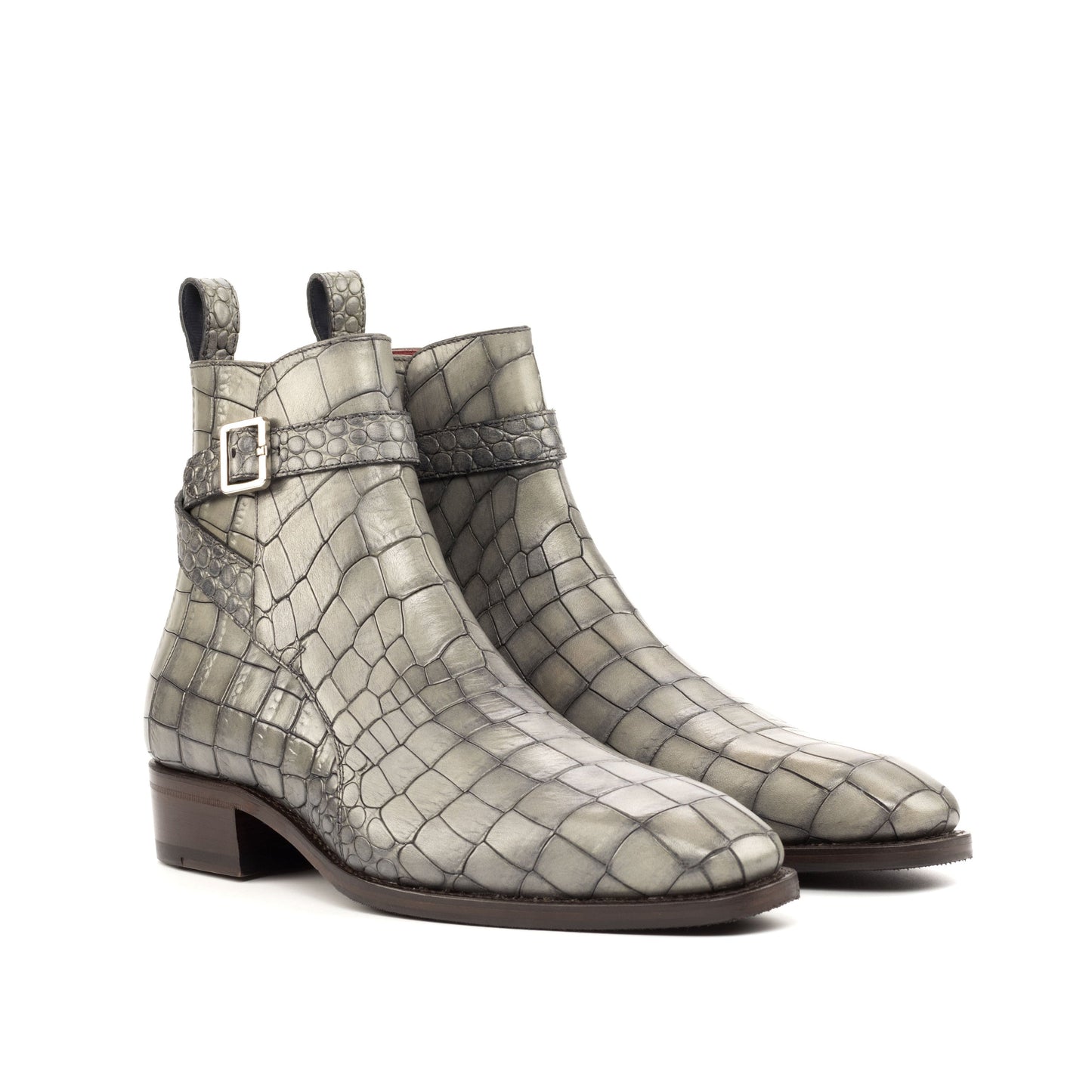 Jodhpur Boot in Grey Painted Croco-Embossed Box Calf, front three-quarter view