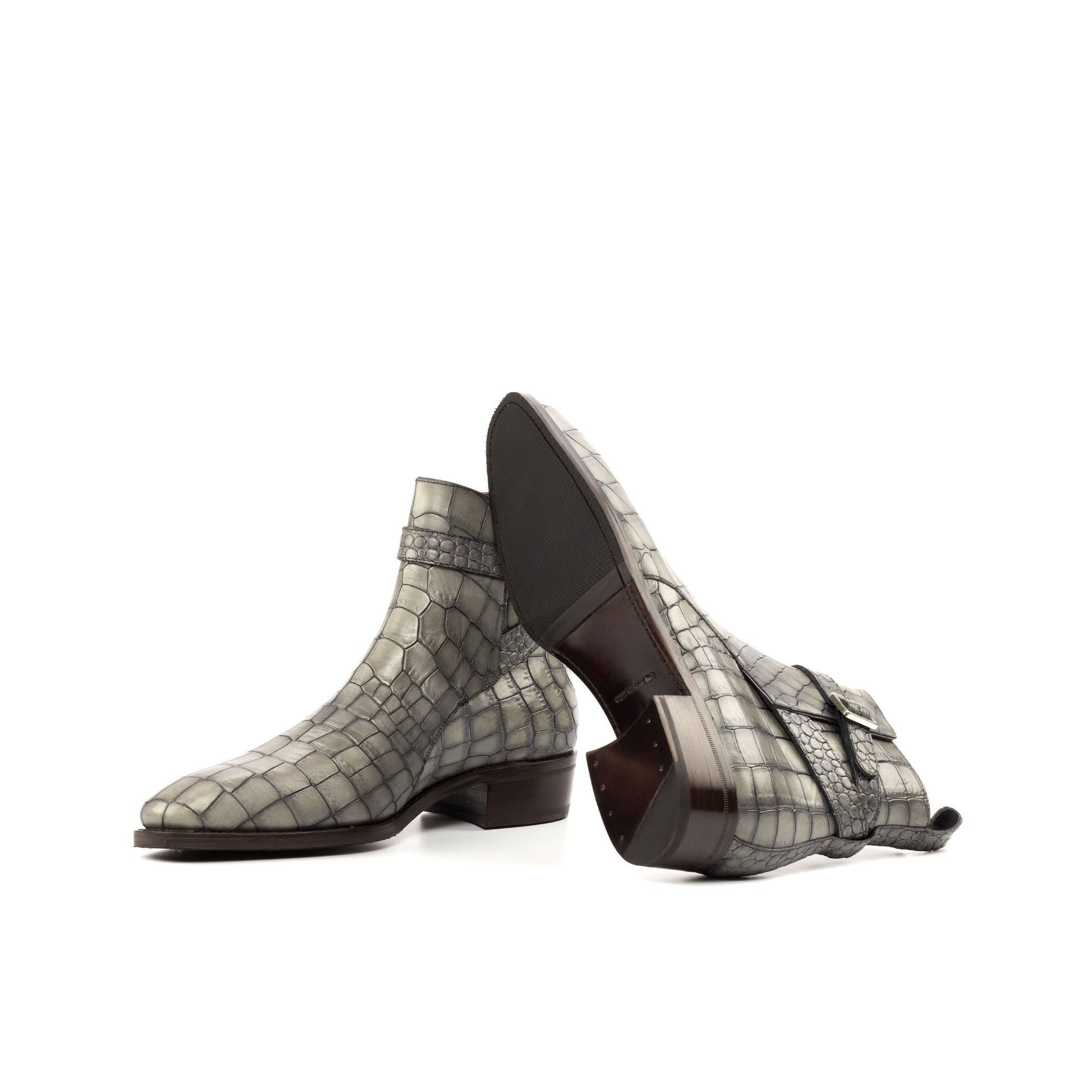 Jodhpur Boot in Grey Painted Croco-Embossed Box Calf showing brown leather and rubber combination sole