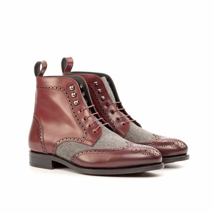 Wingtip Boot in Burgundy Painted Box Calf and Light Grey Flannel, front three-quarter view