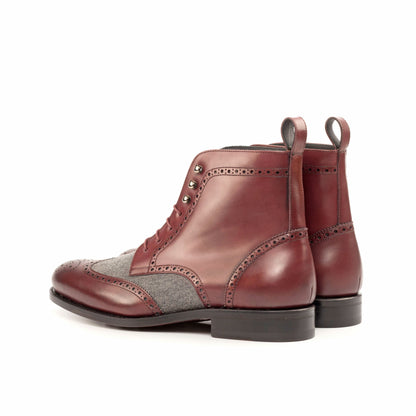 Wingtip Boot in Burgundy Painted Box Calf and Light Grey Flannel, rear three-quarter view
