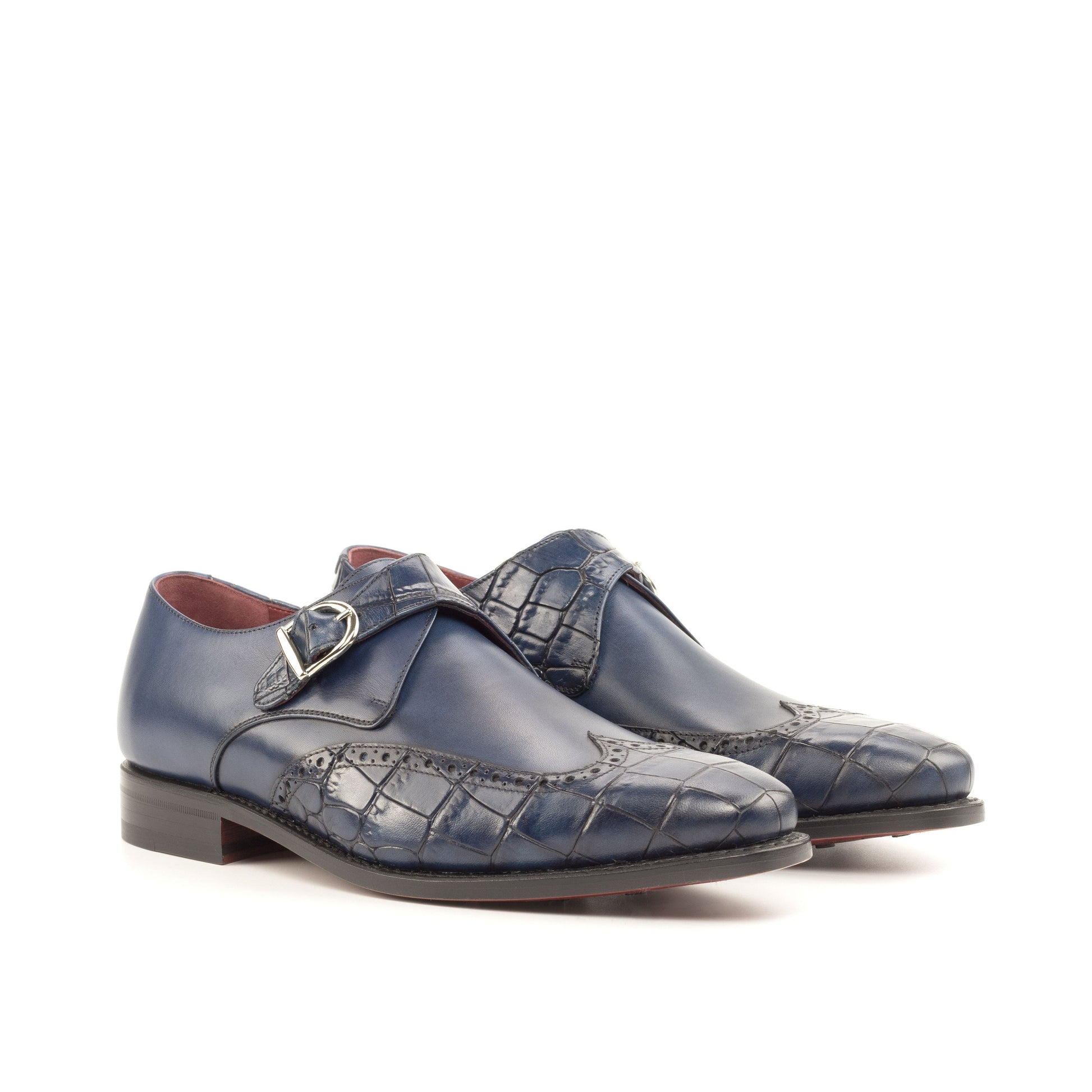 Single Monk Strap in Navy Painted Croco-Embossed Box Calf and Black Herringbone Fabric, front three-quarter view
