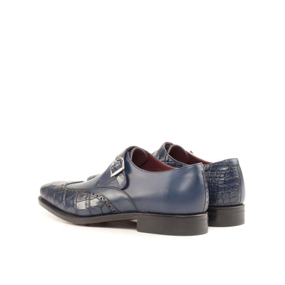 Single Monk Strap in Navy Painted Croco-Embossed Box Calf and Black Herringbone Fabric, rear three-quarter view