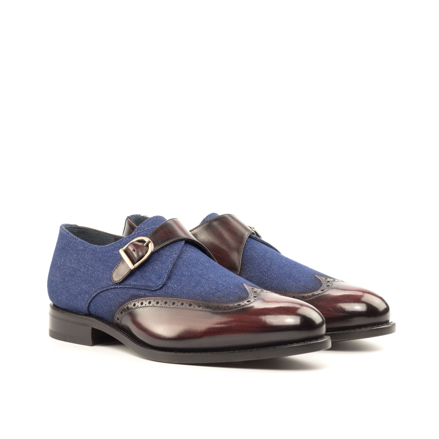 Single Monk Strap in Burgundy Patina Box Calf and Navy Denim, front three-quarter view