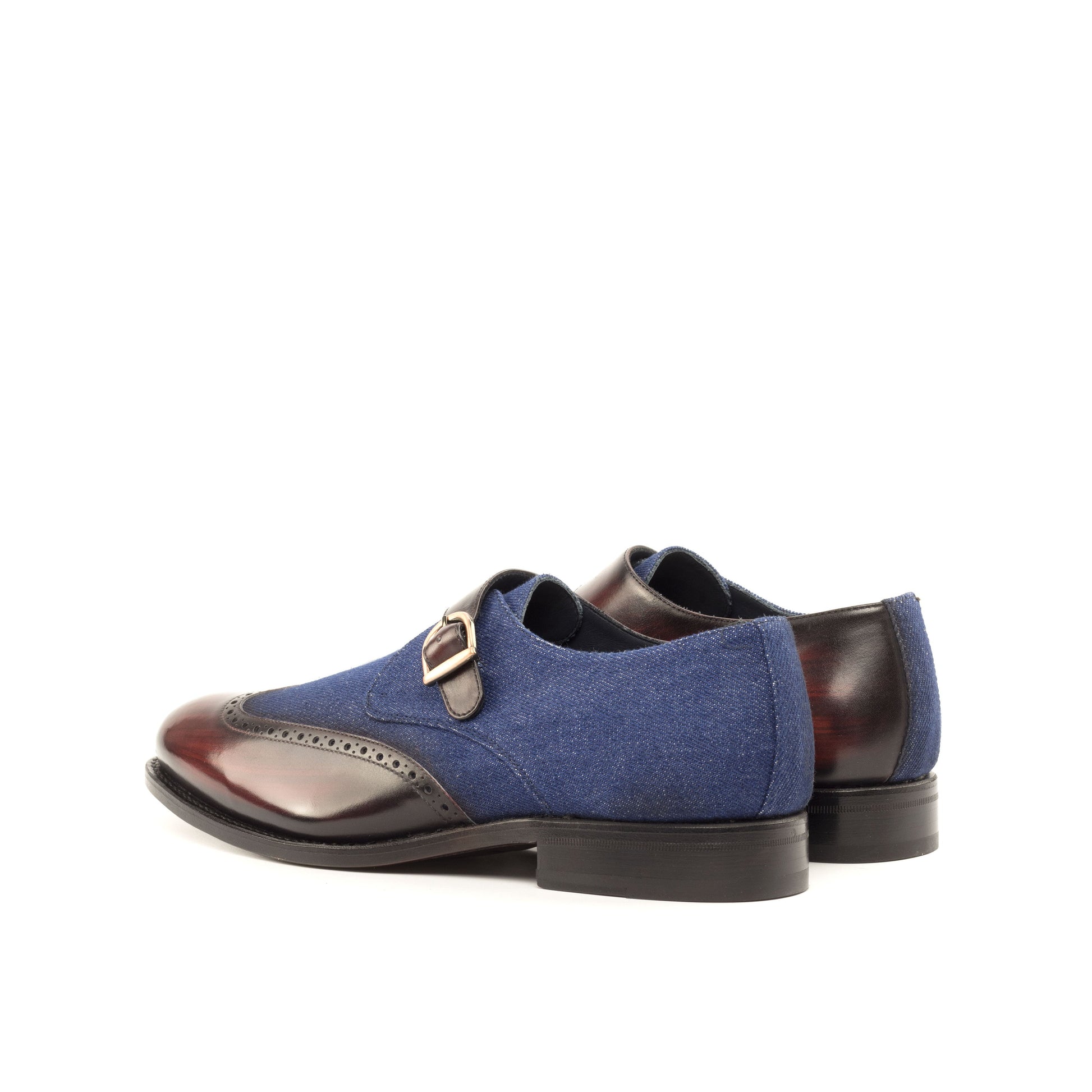 Single Monk Strap in Burgundy Patina Box Calf and Navy Denim, rear three-quarter view