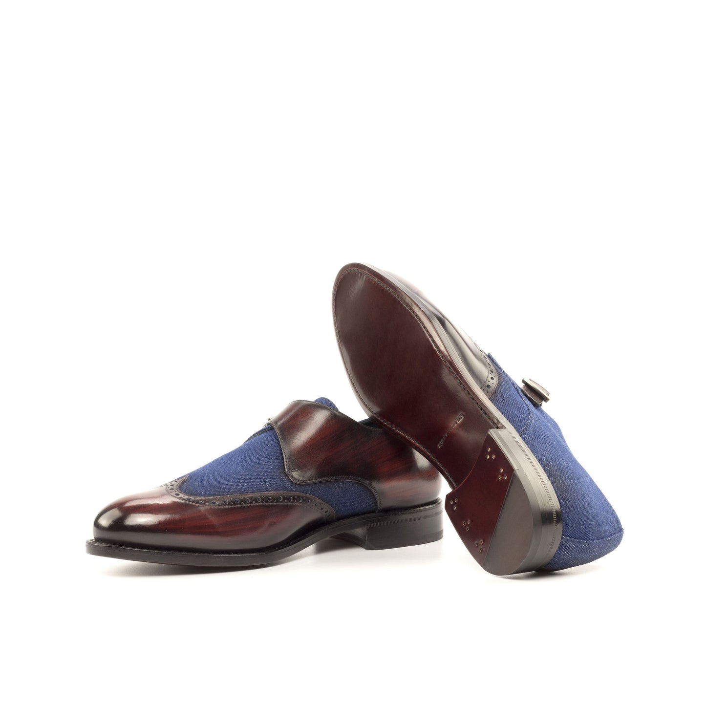 Single Monk Strap in Burgundy Patina Box Calf and Navy Denim showing dark red leather sole