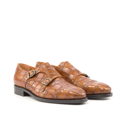 Double Monk Strap in Cognac Painted Croco-Embossed Box Calf, front three-quarter view