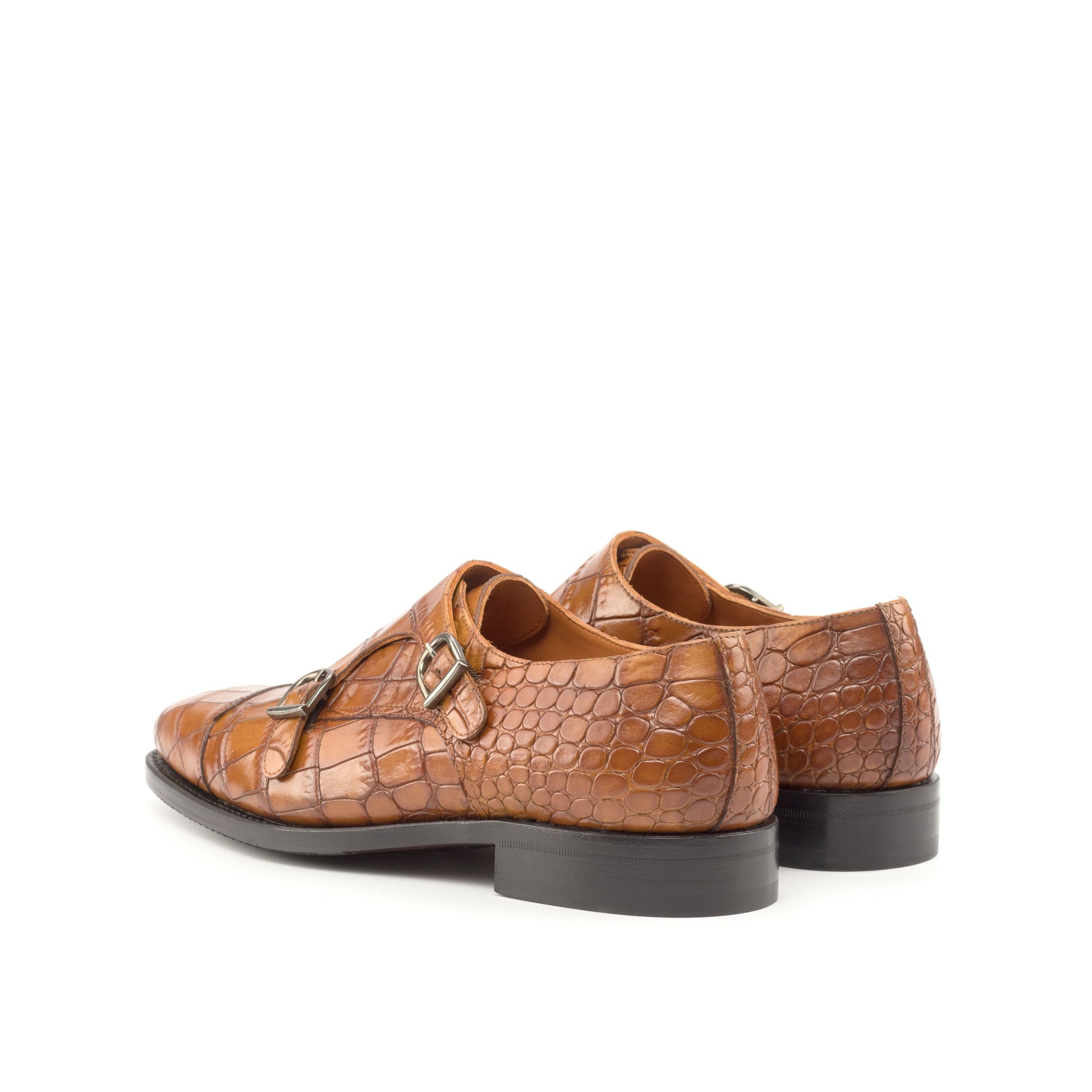 Double Monk Strap in Cognac Painted Croco-Embossed Box Calf, rear three-quarter view
