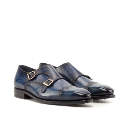 Double Monk Strap in Denim Marble Patina Box Calf, front three-quarter view