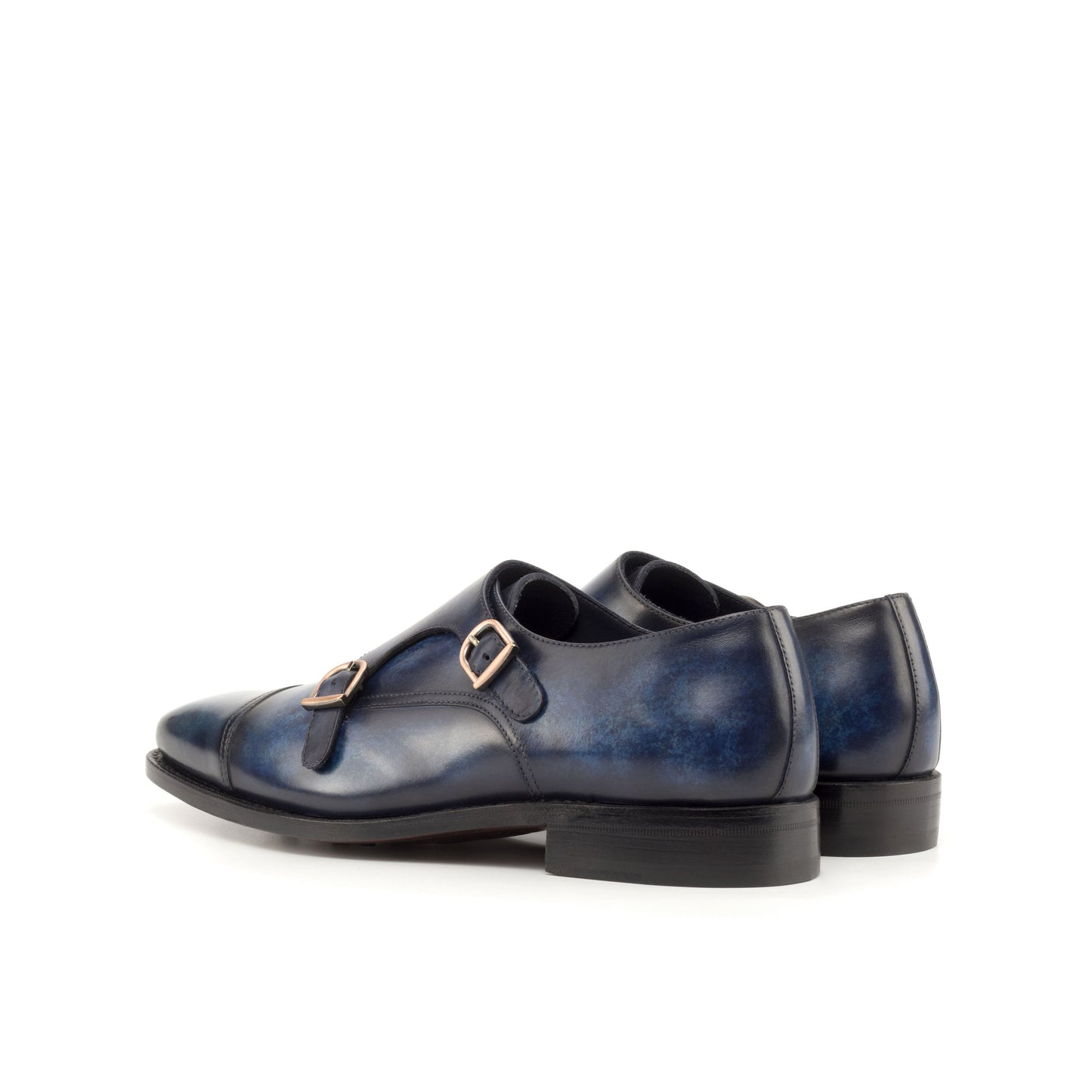 Double Monk Strap in Denim Marble Patina Box Calf, rear three-quarter view