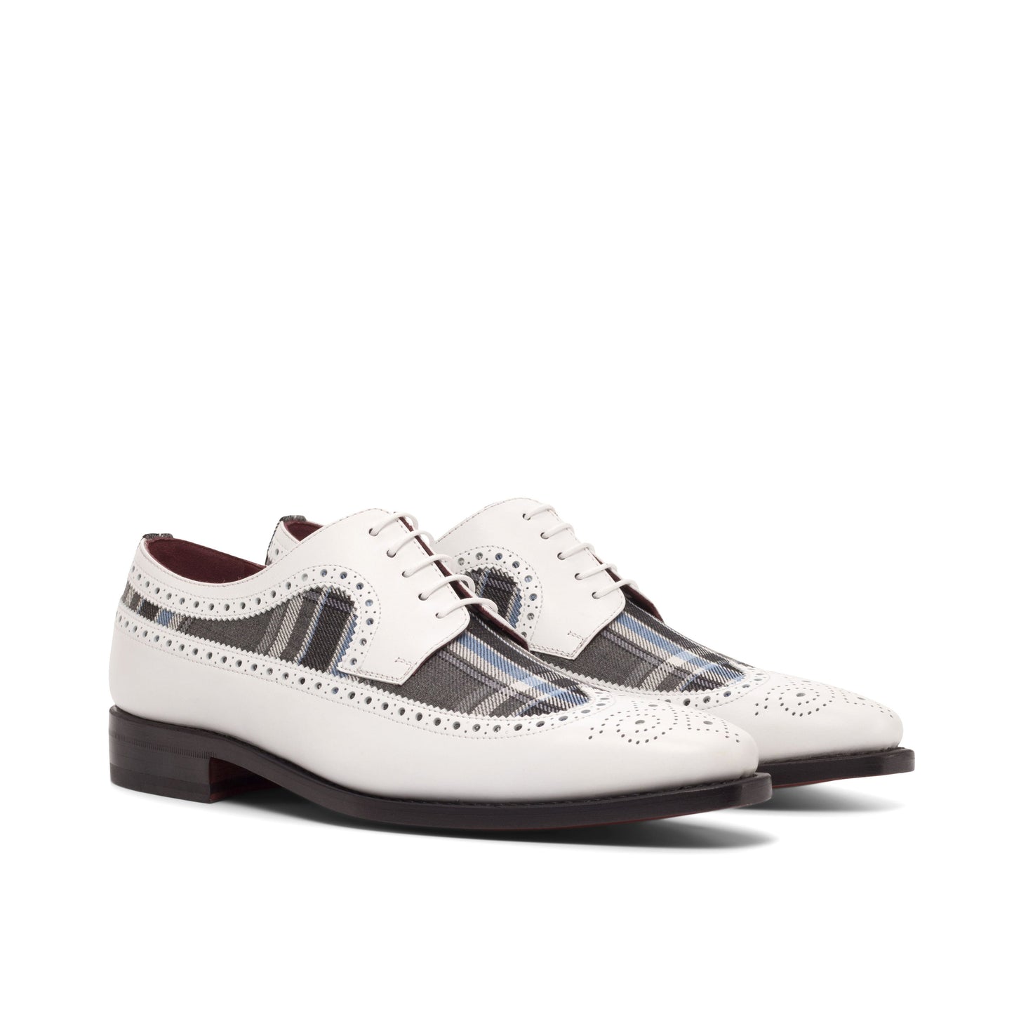 Long Wingtip Derby in Medium Brown Painted Box Calf and Grey and Blue Wool Plaid, front three-quarter view