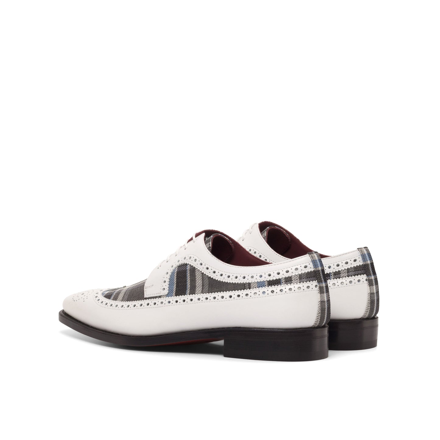 Long Wingtip Derby in Medium Brown Painted Box Calf and Grey and Blue Wool Plaid, rear three-quarter view