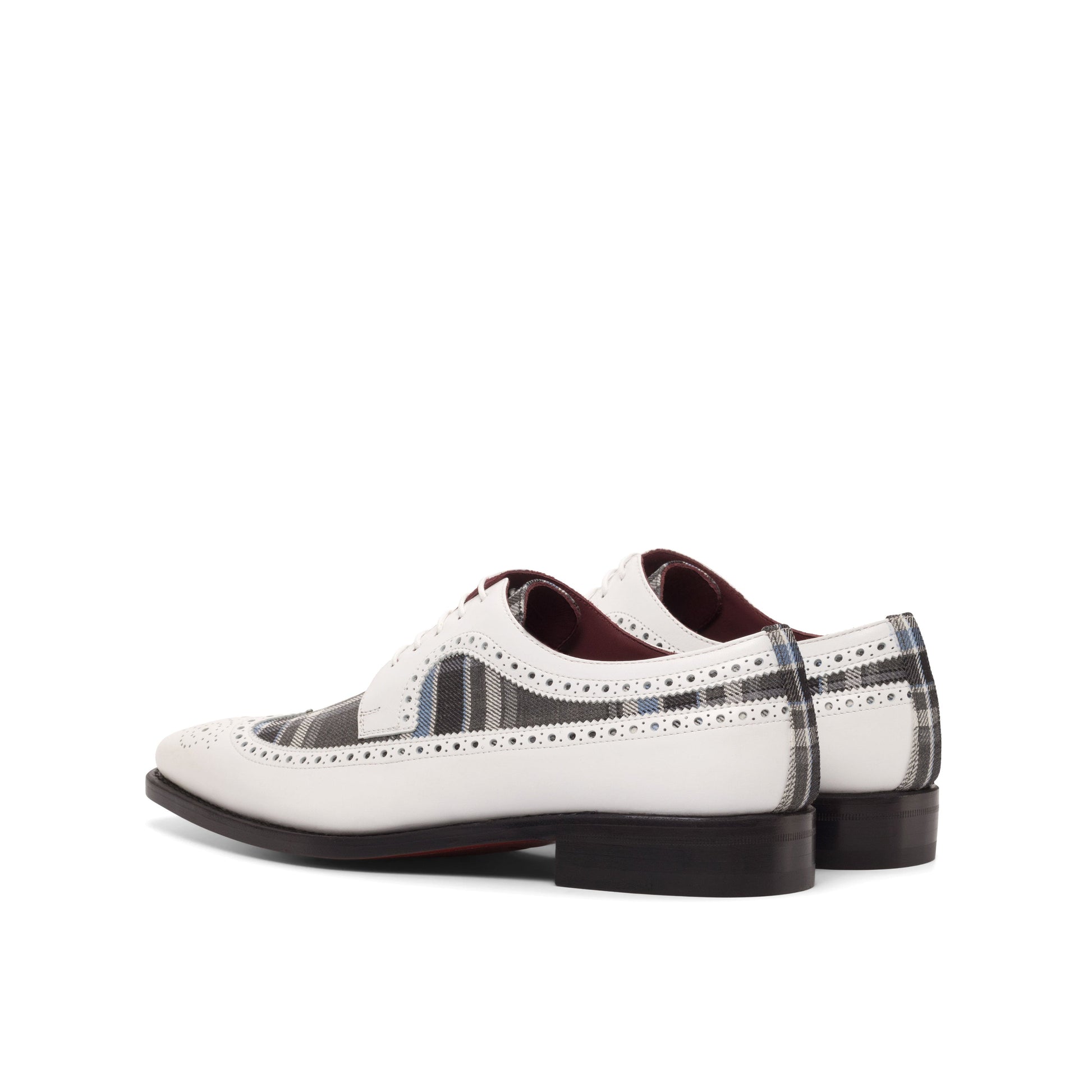 Long Wingtip Derby in Medium Brown Painted Box Calf and Grey and Blue Wool Plaid, rear three-quarter view