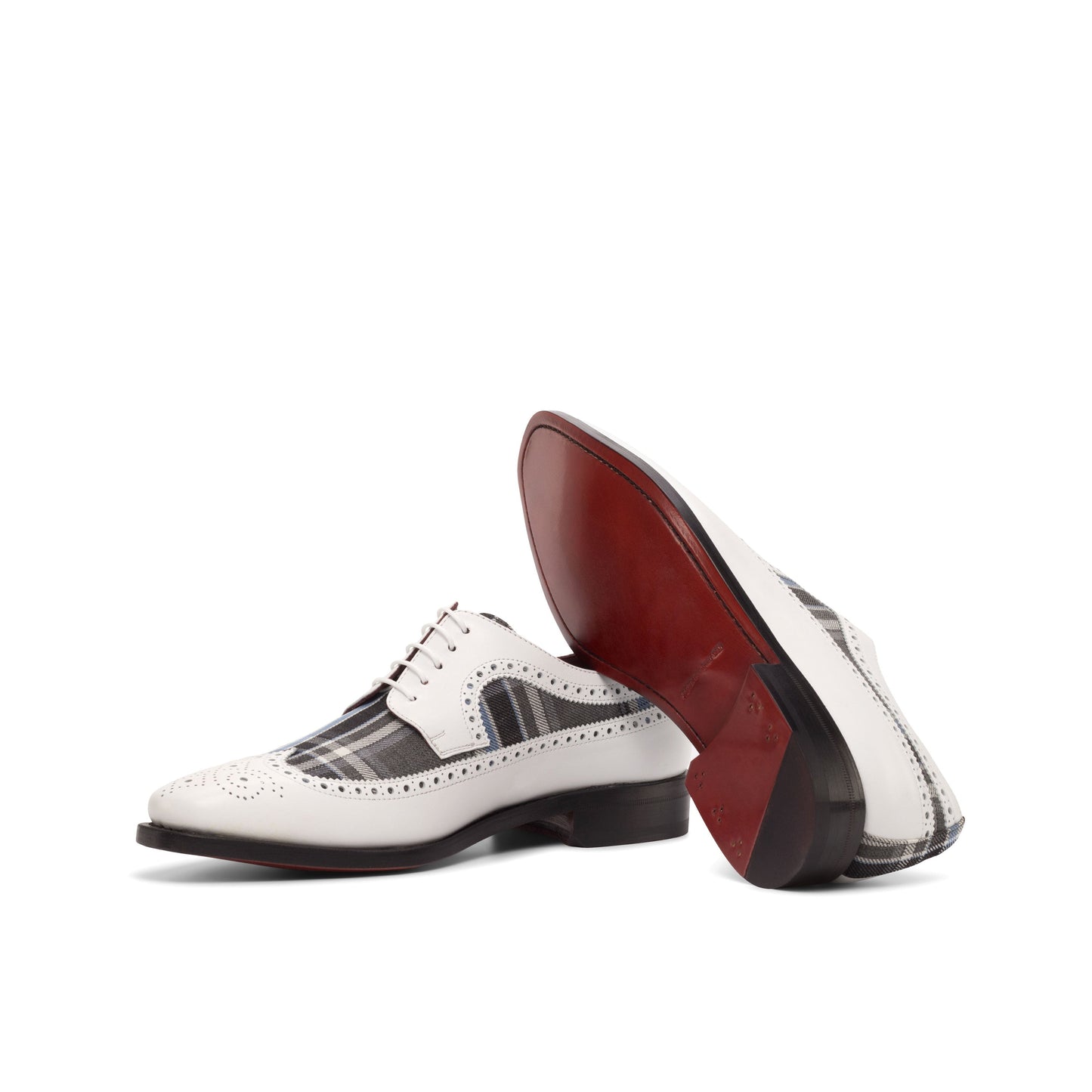 Long Wingtip Derby in Medium Brown Painted Box Calf and Grey and Blue Wool Plaid showing red leather sole