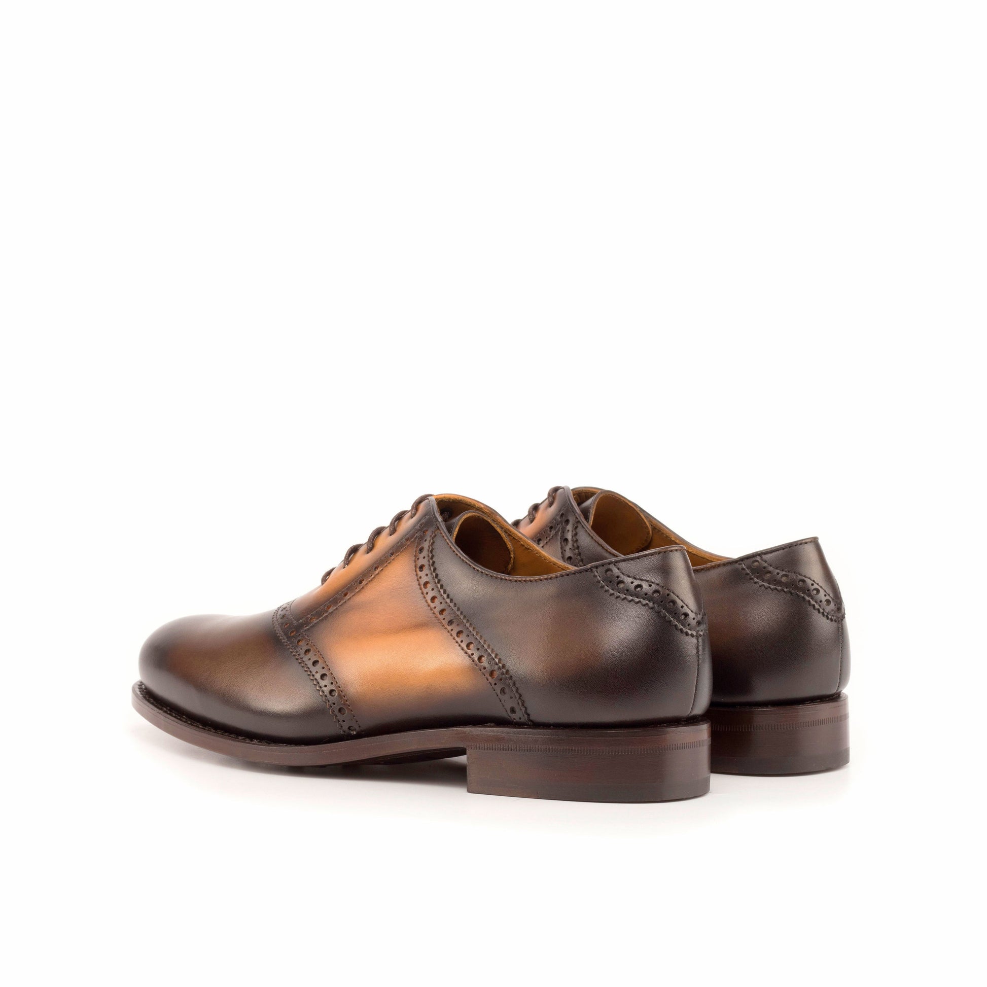 Saddle Shoe in Burnished Dark Brown Painted Box Calf and Burnished Cognac Painted Box Calf, rear three-quarter view