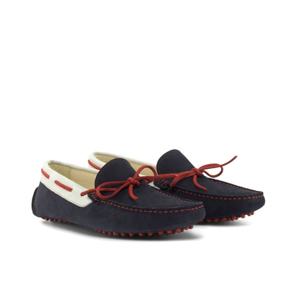 Driver Bow in Navy Calf Suede and White Calf Suede, front three-quarter view