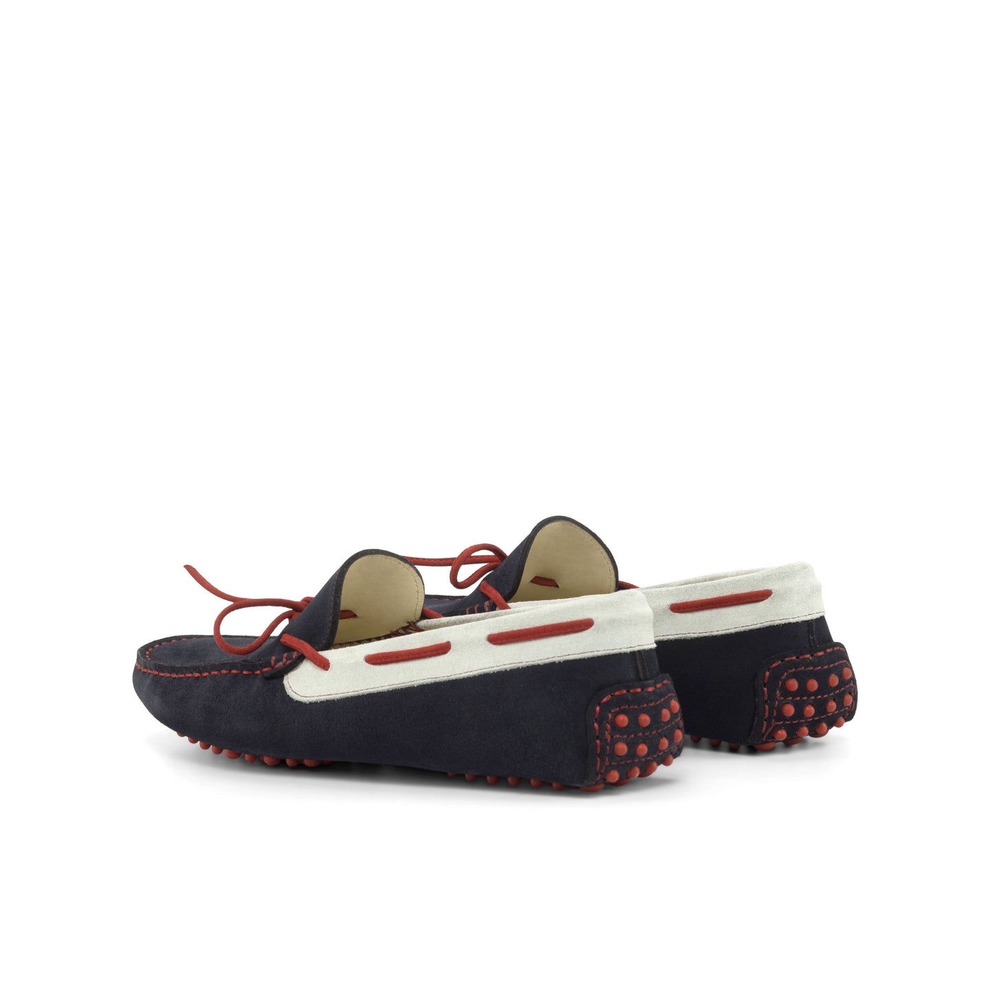 Driver Bow in Navy Calf Suede and White Calf Suede, rear three-quarter view