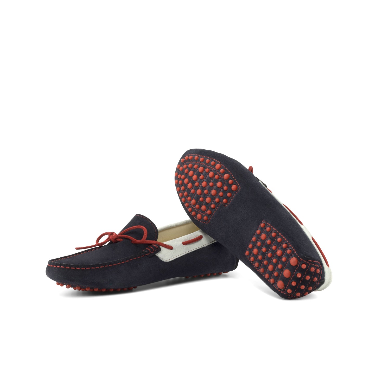 Driver Bow in Navy Calf Suede and White Calf Suede, red rubber pebble sole