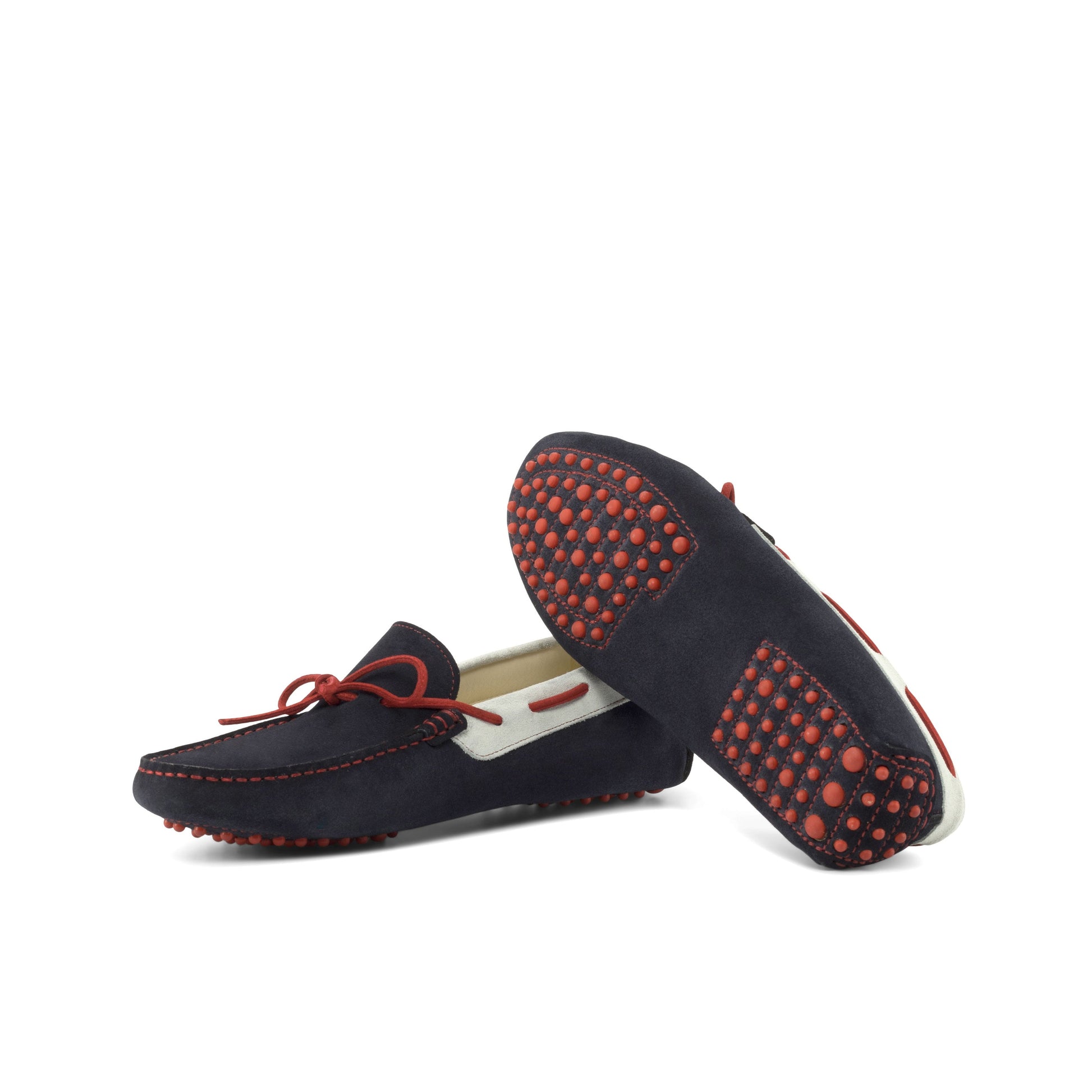 Driver Bow in Navy Calf Suede and White Calf Suede, red rubber pebble sole