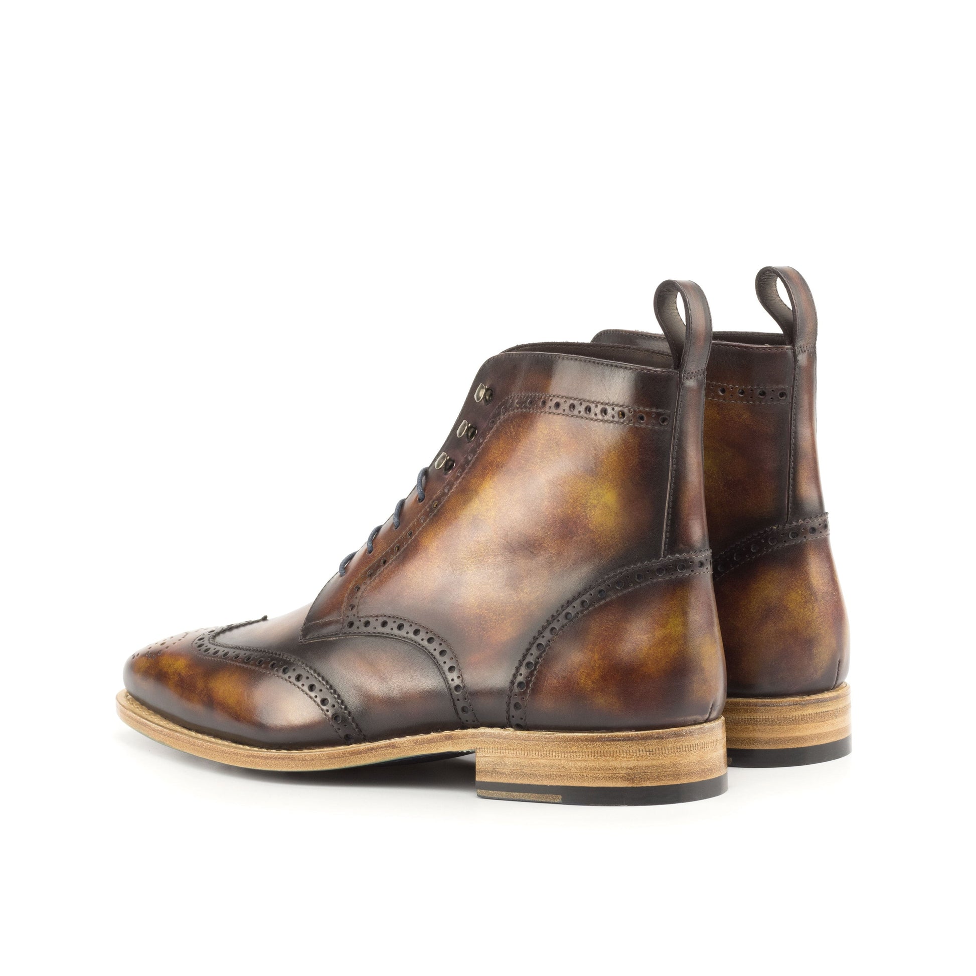 Wingtip Boot in Fire Museum Patina Box Calf, rear three-quarter view
