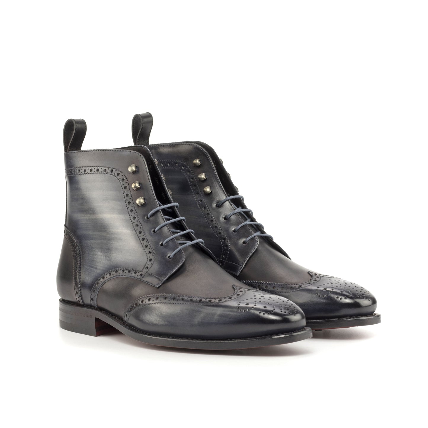 Wingtip Boot in Grey Patina Box Calf and Black Box Calf, front three-quarter view