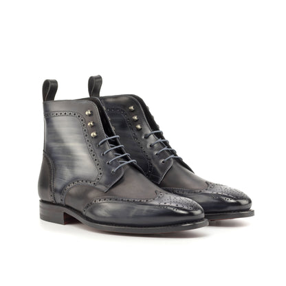 Wingtip Boot in Grey Patina Box Calf and Black Box Calf, front three-quarter view