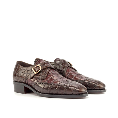 Single Monk Strap in Dark Brown Painted Croco-Embossed Box Calf and Black Herringbone Fabric, front three-quarter view