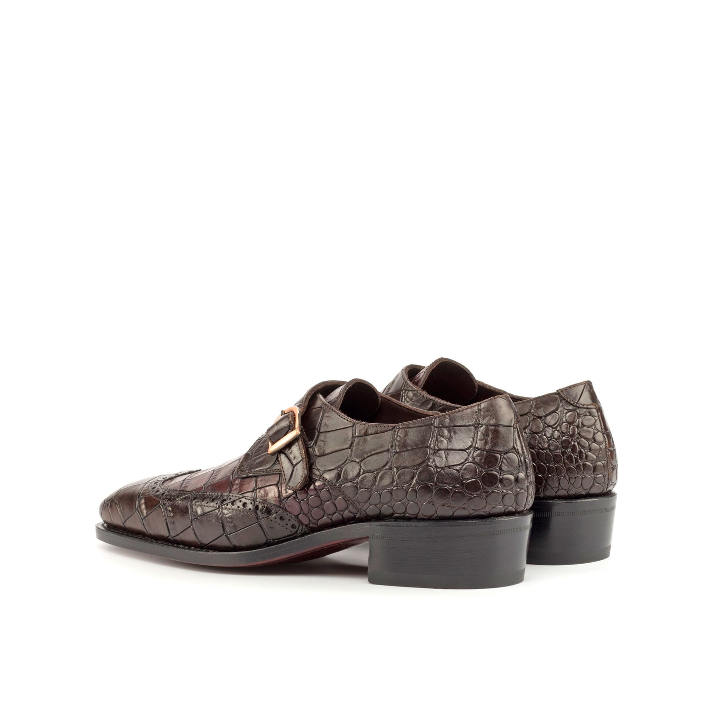 Single Monk Strap in Dark Brown Painted Croco-Embossed Box Calf and Black Herringbone Fabric, rear three-quarter view