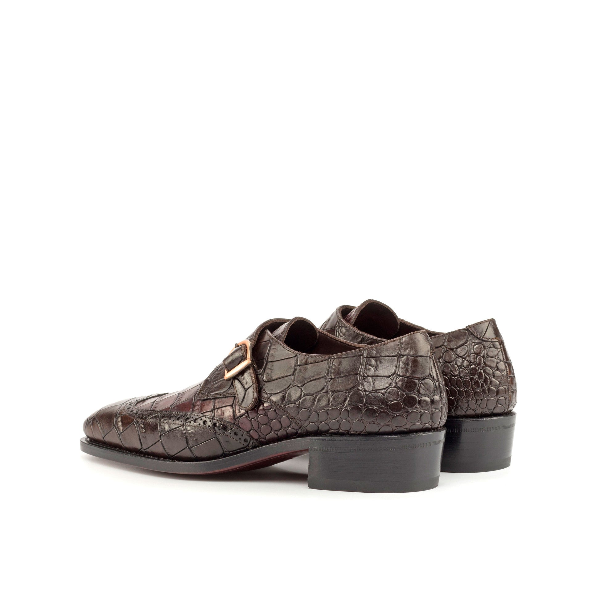 Single Monk Strap in Dark Brown Painted Croco-Embossed Box Calf and Black Herringbone Fabric, rear three-quarter view