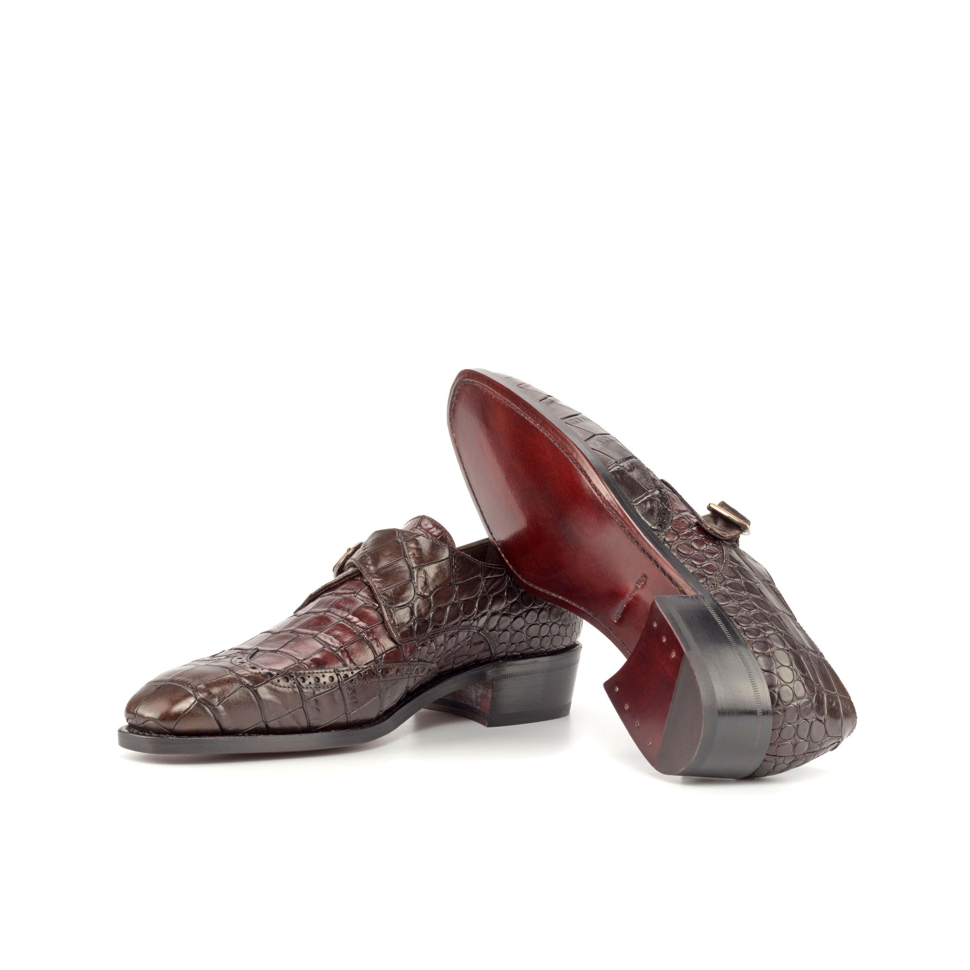 Single Monk Strap in Dark Brown Painted Croco-Embossed Box Calf and Black Herringbone Fabric showing dark red leather sole