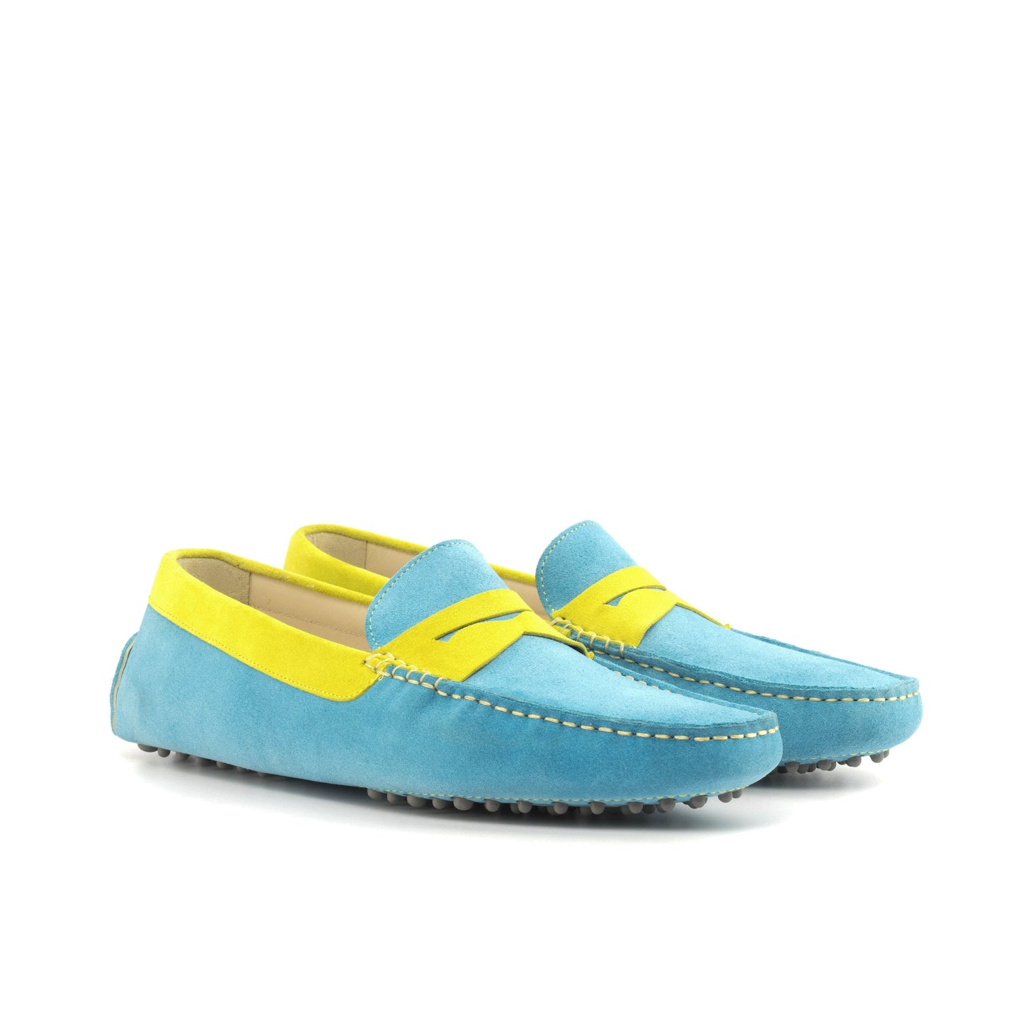 Driver Mask in Turquoise Calf Suede and Yellow Calf Suede, front three-quarter view