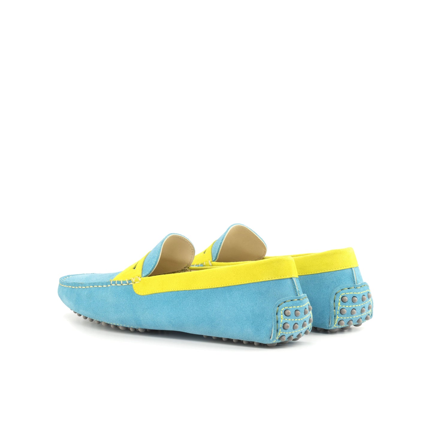 Driver Mask in Turquoise Calf Suede and Yellow Calf Suede, rear three-quarter view