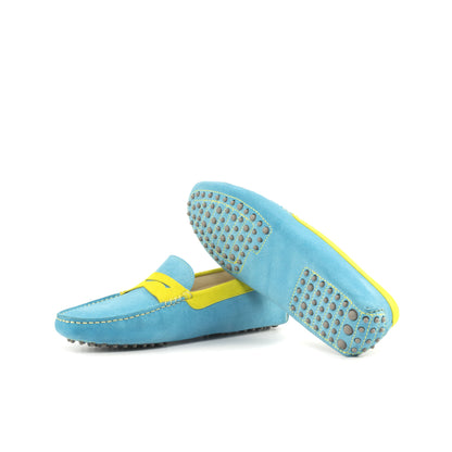 Driver Mask in Turquoise Calf Suede and Yellow Calf Suede, grey rubber pebble sole
