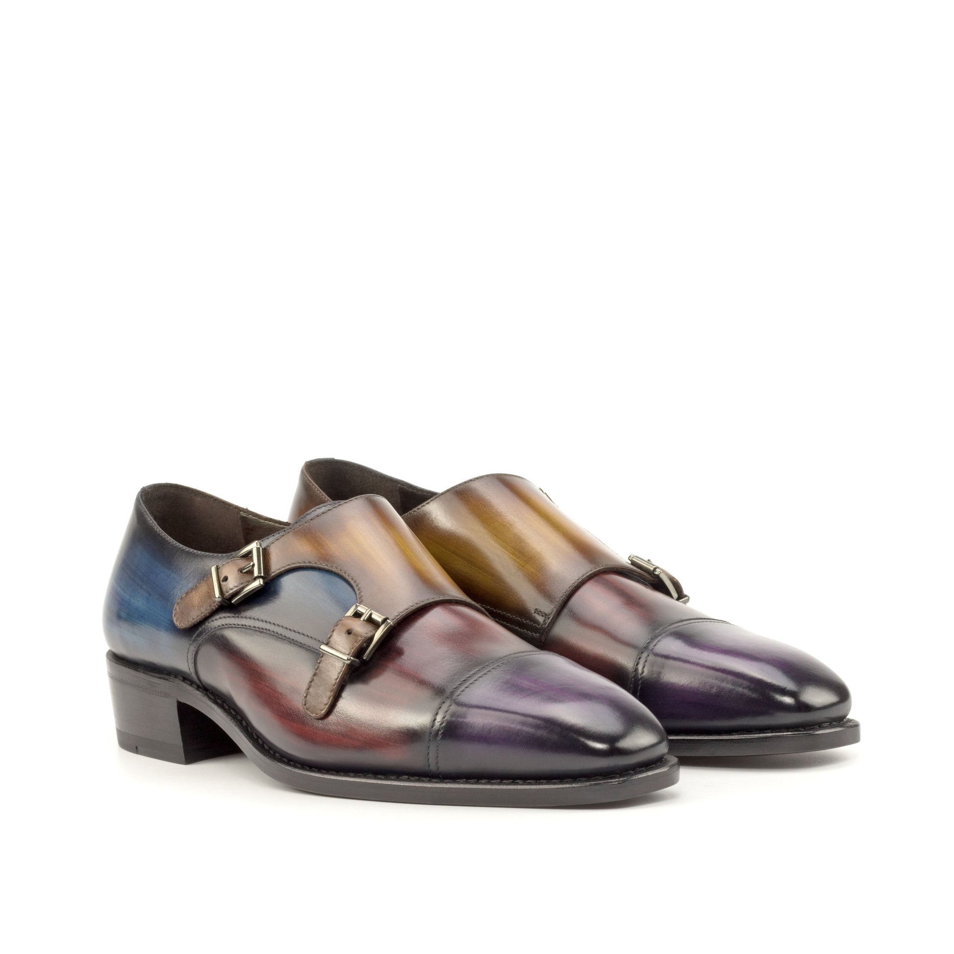 Double Monk Strap in Purple Patina Box Calf and Burgundy Patina Box Calf, front three-quarter view