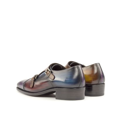 Double Monk Strap in Purple Patina Box Calf and Burgundy Patina Box Calf, rear three-quarter view