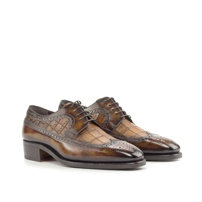 Long Wingtip Derby in Fire Museum Patina Box Calf and Medium Brown Painted Croco-Embossed Box Calf, front three-quarter view