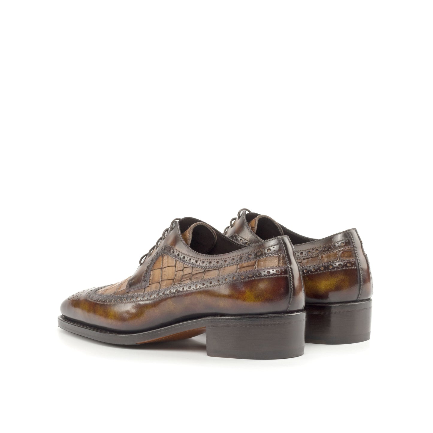 Long Wingtip Derby in Fire Museum Patina Box Calf and Medium Brown Painted Croco-Embossed Box Calf, rear three-quarter view