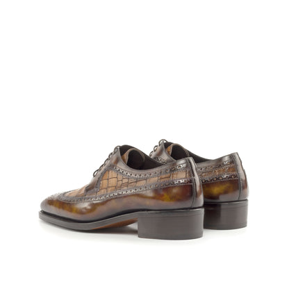 Long Wingtip Derby in Fire Museum Patina Box Calf and Medium Brown Painted Croco-Embossed Box Calf, rear three-quarter view
