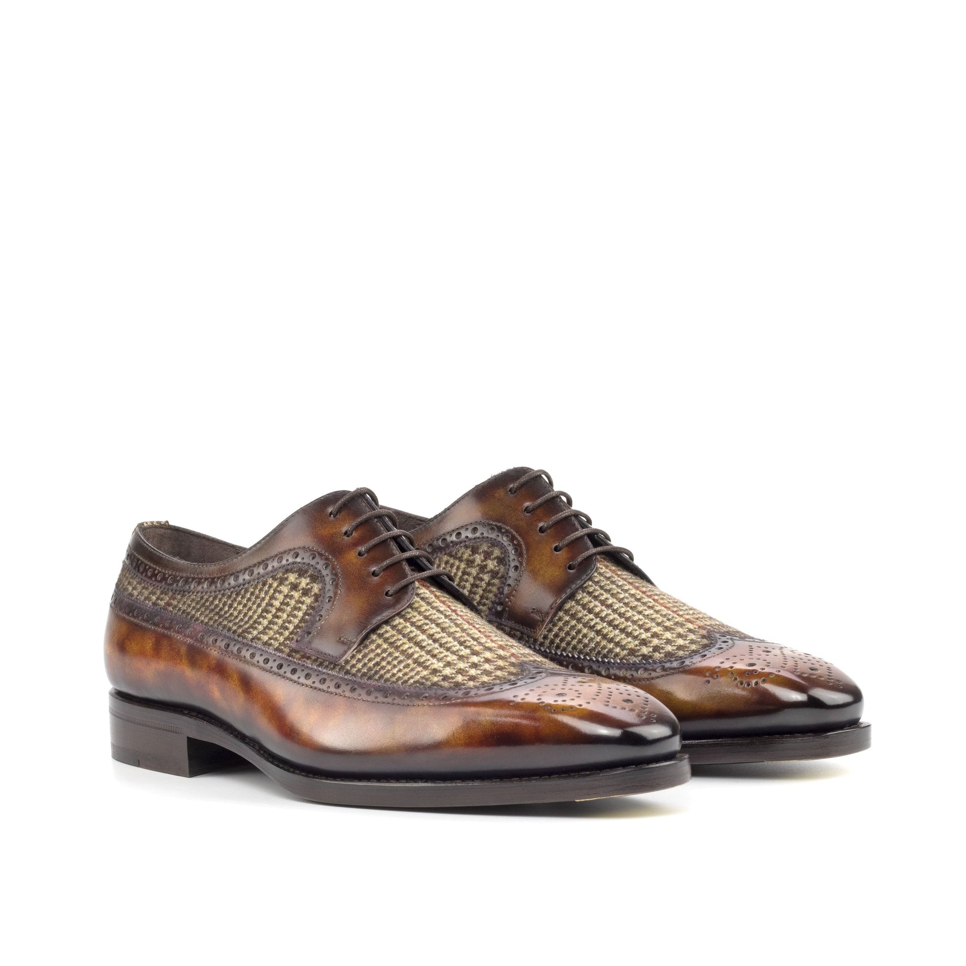 Long Wingtip Derby in Fire Museum Patina Box Calf and Brown Wool Tweed, front three-quarter view