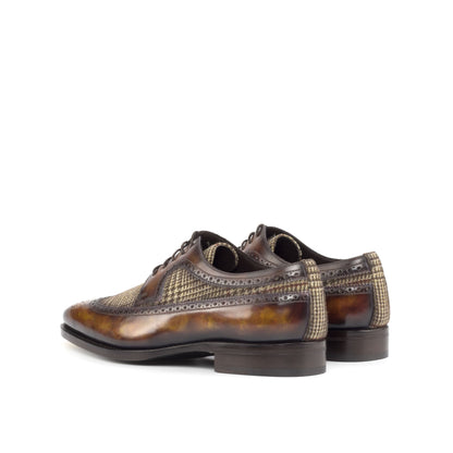 Long Wingtip Derby in Fire Museum Patina Box Calf and Brown Wool Tweed, rear three-quarter view