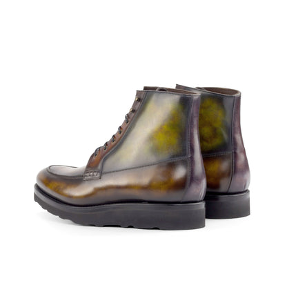 Moc Toe Boot in Green Museum Patina Box Calf and Fire Museum Patina Box Calf, rear three-quarter view